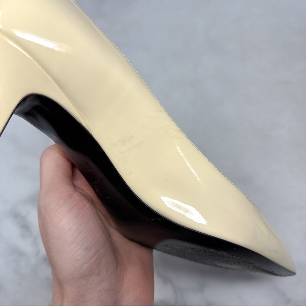 Saint Laurent Charlotte 55 Patent Leather Pointed Toe Kitten Heel Pumps Ivory - Picture 9 of 15